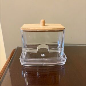 NWOT clear with wood lid bathroom vanity dispenser
